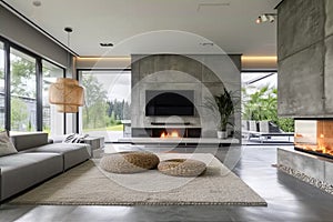Spacious villa interior with cement wall effect, fireplace and tv.
