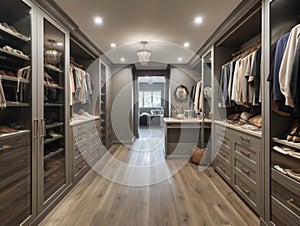A spacious walk-in closet filled to the brim with designer labels created with Generative AI