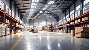 Spacious Warehouse Interior with Forklift and Shelves of Goods