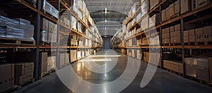 Spacious warehouse interior, shelves stacked with boxes, logistic center concept, empty aisles, industrial storage