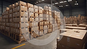 spacious warehouse in which cardboard boxes with goods are stacked in even rows on pallets