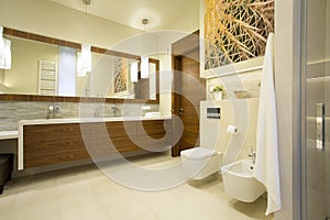 Spacious washroom with wooden furniture