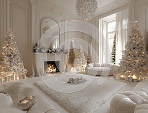 Elegant White Christmas Living Room with Full-Height Trees photo