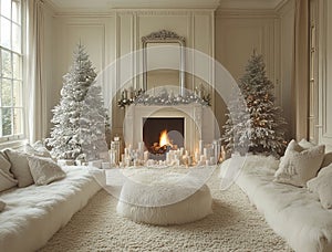 Elegant White Christmas Living Room with Full-Height Trees photo