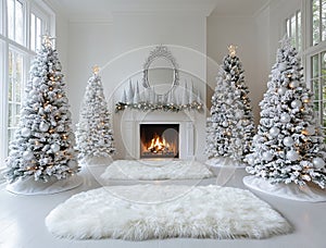Elegant White Christmas Living Room with Full-Height Trees photo