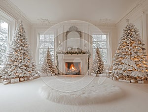 Elegant White Christmas Living Room with Full-Height Trees photo