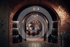 Spacious wine cellar with barrels. AI generative