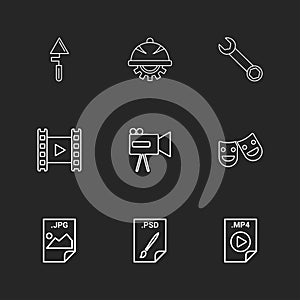 Spade , gear , wrench , video , camcoder , smiley , image , psd photo