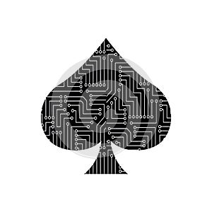 Spade Playing Card Icon Electronic Circuit Concept. Electronic Circuit Spade on a plate black icon. Isolated thumbprint and Electr photo