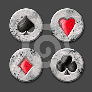 Spades, Hearts, Clubs, and Diamonds, card suit on a stone badge. Isolated on a gray background. Gambling concept. 3d