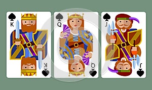 Spades suit playing cards of King, Queen and Jack in funny modern flat style