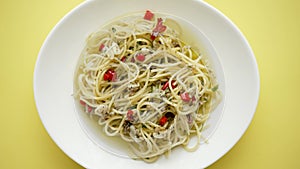 Spaghetti agilo olio with spicy chilli peppers and olive