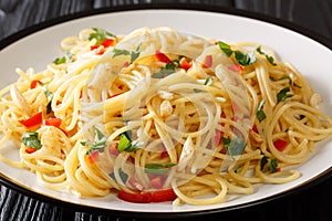 Spaghetti aglio e olio Italian for spaghetti with garlic and oil is a traditional pasta dish from Naples close-up in a plate.