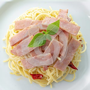 Spaghetti aglio e olio, pasta with chili and garlic and ham