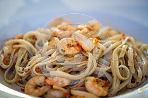 Spaghetti aglio e olio with shrimp. Healthy, simple and delicious pasta dish.