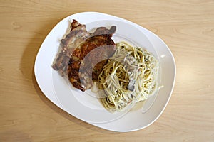 Spaghetti Aglio Olio with BBQ Chicken photo