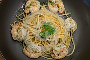 Spaghetti aglio olio with shrimp and garlic and herb