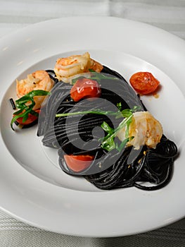 Spaghetti al Nero di Seppia with Squid Ink and Prawns