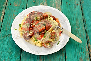 Spaghetti al Pomodoro in white plate with fork on wooden turquoi