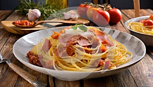 Spaghetti alla Amatriciana. Generated with AI