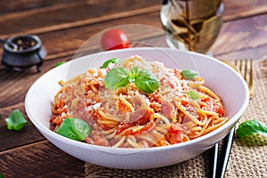 Spaghetti alla Amatriciana with guanciale, tomatoes and pecorino cheese.