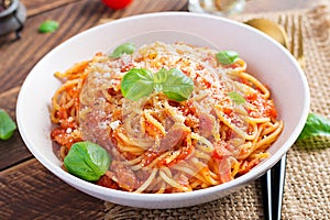 Spaghetti alla Amatriciana with guanciale, tomatoes and pecorino cheese.