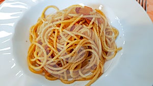 Spaghetti alla gricia. Amatrice, Lazio, Italy photo