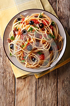 Spaghetti alla putanesca with anchovies, tomatoes, garlic and bl