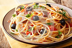 Spaghetti alla putanesca with anchovies, tomatoes, garlic and bl photo