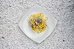 Italian food. Spaghetti alle vongole, pasta with clams photo