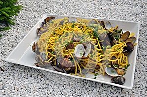 Italian food. Spaghetti alle vongole, pasta with clams photo