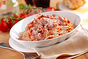 Spaghetti Amatriciana in the white plate