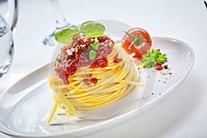Spaghetti Bolognaise with tomato topping