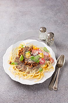 Spaghetti Bolognaise topped with minced beef