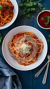Spaghetti bolognese beautifully presented on the kitchen table photo