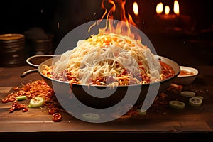 Spaghetti Bolognese in a bowl on a wooden table - Ai Generated