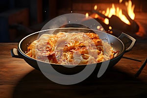 Spaghetti Bolognese in a bowl on a wooden table - Ai Generated