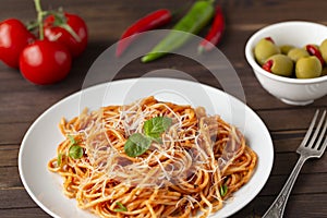 Spaghetti bolognese pasta with tomato sauce and minced meat, grated parmesan cheese and fresh basil