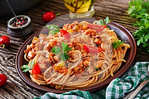 Spaghetti bolognese pasta with tomato sauce, vegetables and minced meat