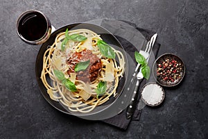 Spaghetti bolognese pasta and wine