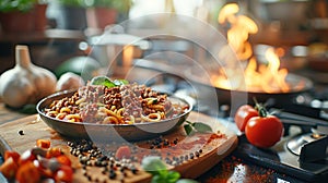 Spaghetti Bolognese on a plate in a fiery kitchen setting.