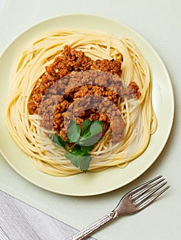 Spaghetti bolognese on a plate with metal fork