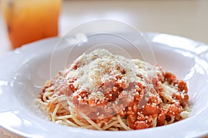 Spaghetti bolognese pork and cheese.