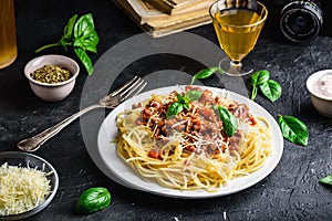 Spaghetti with bolognese sauce and parmesan cheese