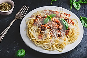 Spaghetti with bolognese sauce and parmesan cheese