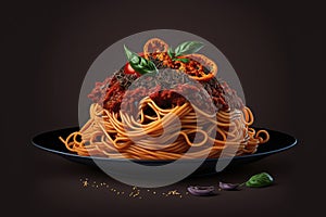 spaghetti bolognese studio food photo, dark black background.