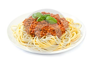 Spaghetti bolognese on white photo