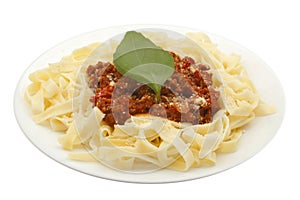 Spaghetti bolognese on white plate