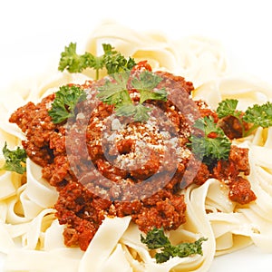 Spaghetti bolognese on white plate