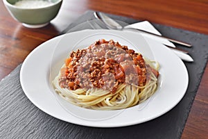 Spaghetti Bolognese on a white plate